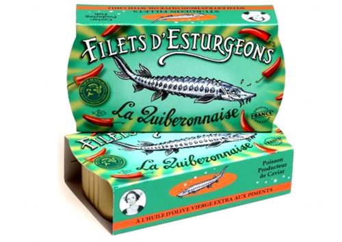 Filets d'esturgeons à l'huile d'olive et aux piments - La Quiberonnaise - Conserves de poissons et crustacés - Bretagne - Nouvelle Vague l'épicerie de la pêche à Bordeaux - France